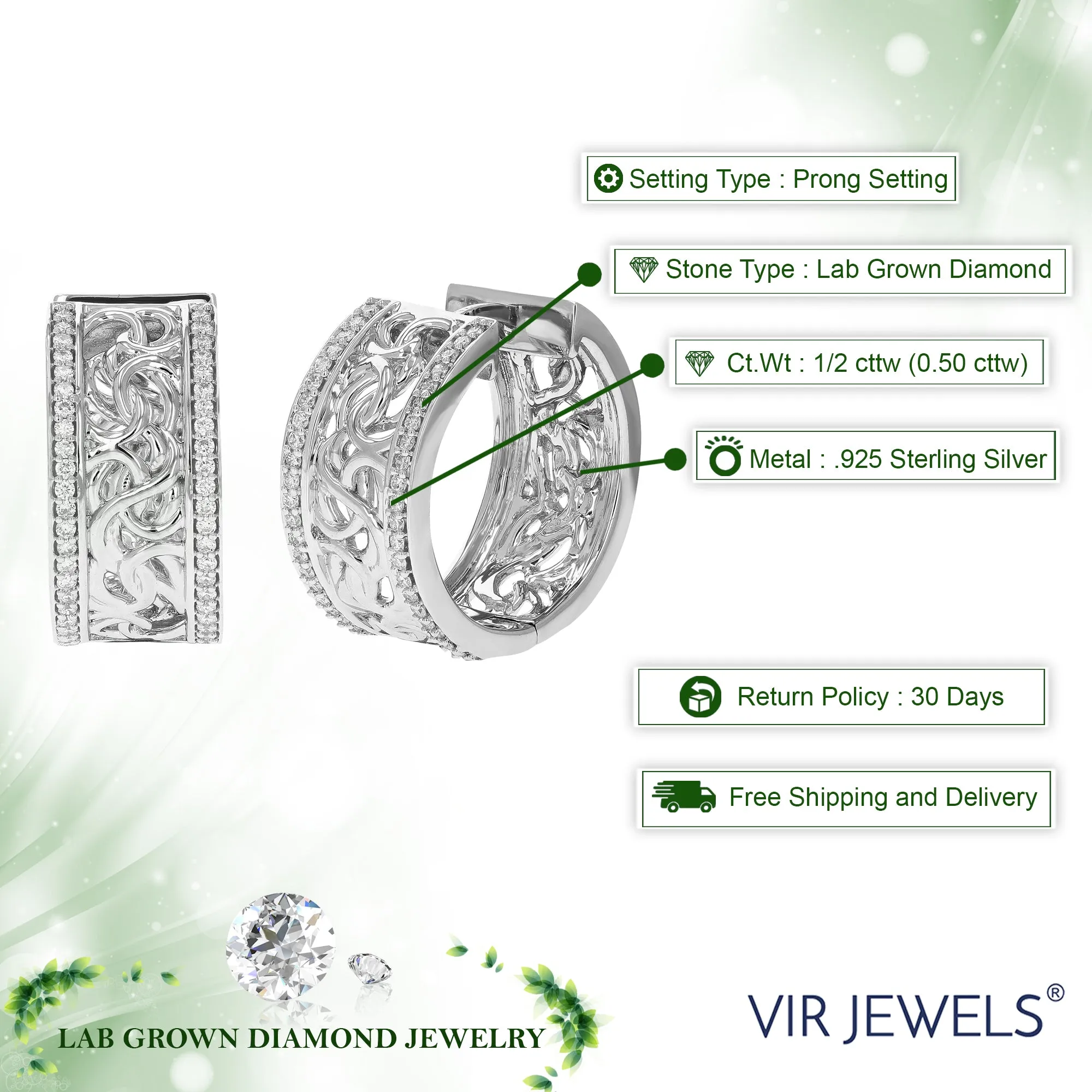 1/2 cttw 88 Stones Round Lab Grown Diamond Hoop Earrings .925 Sterling Silver Prong Set 3/4 Inch