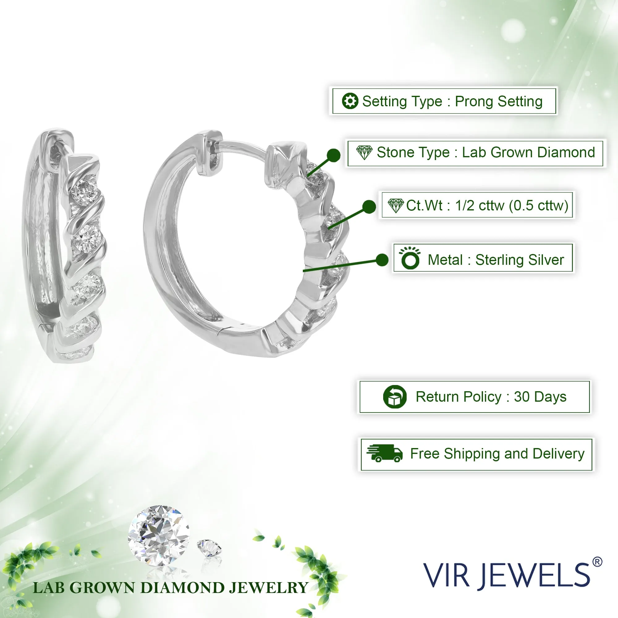 1/2 cttw Lab Grown Diamond Hoop Earrings Round Cut Prong Set on .925 Sterling Silver 3/4 Inch size