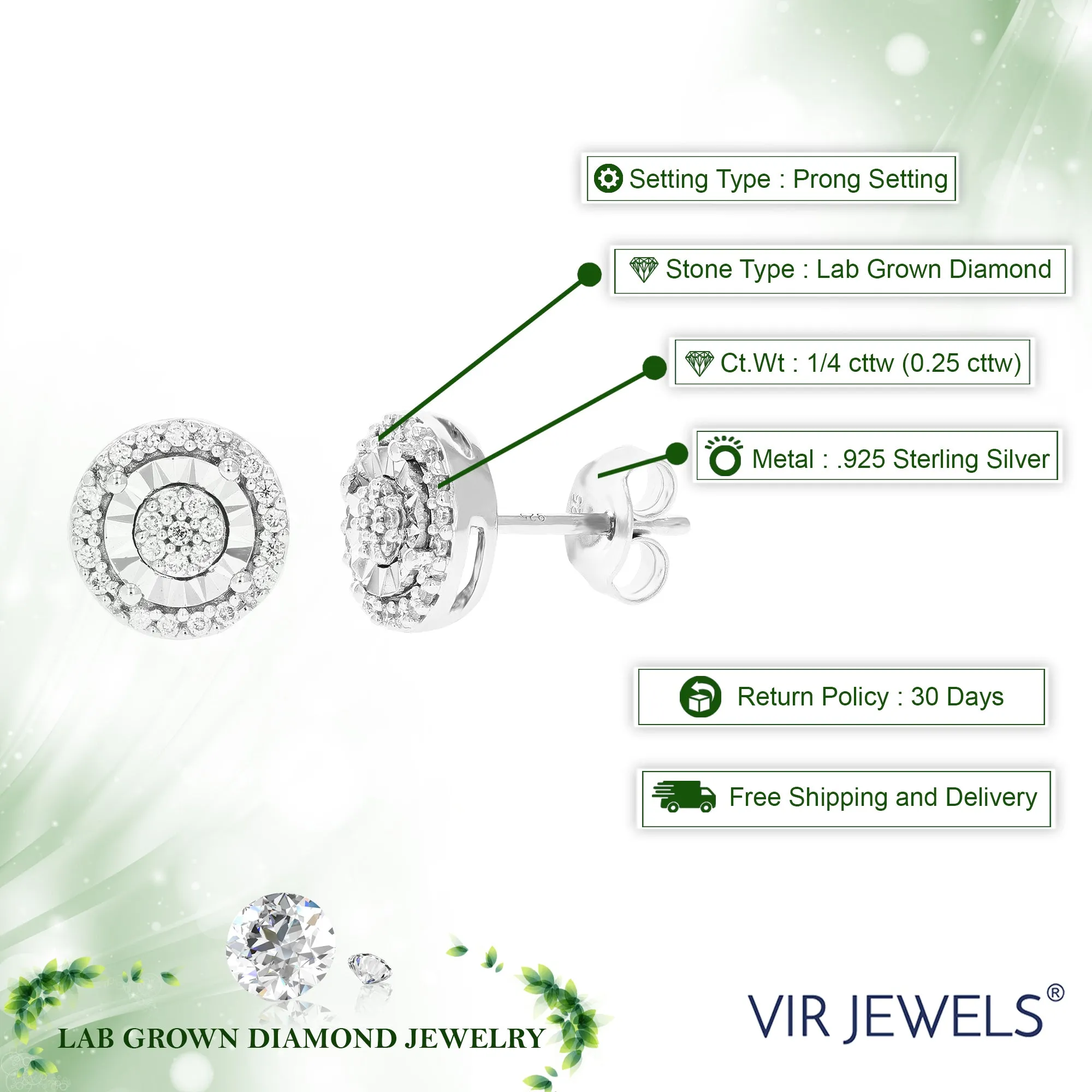 1/4 cttw 50 Stones Round Lab Grown Diamond Studs Earrings .925 Sterling Silver Prong Set 1/3 Inch