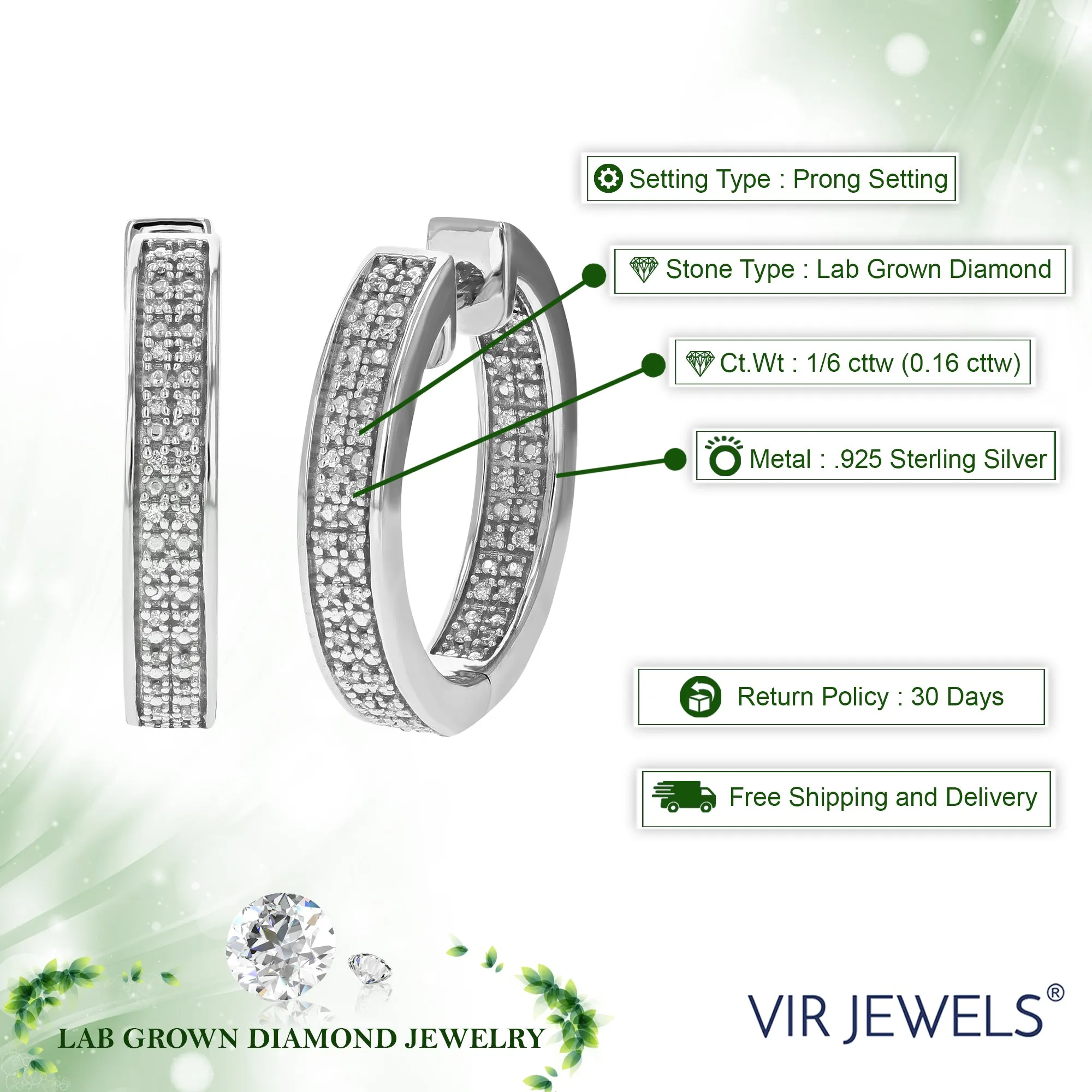 1/6 cttw 80 Stones Round Lab Grown Diamond Hoop Earrings .925 Sterling Silver Prong Set 2/3 Inch