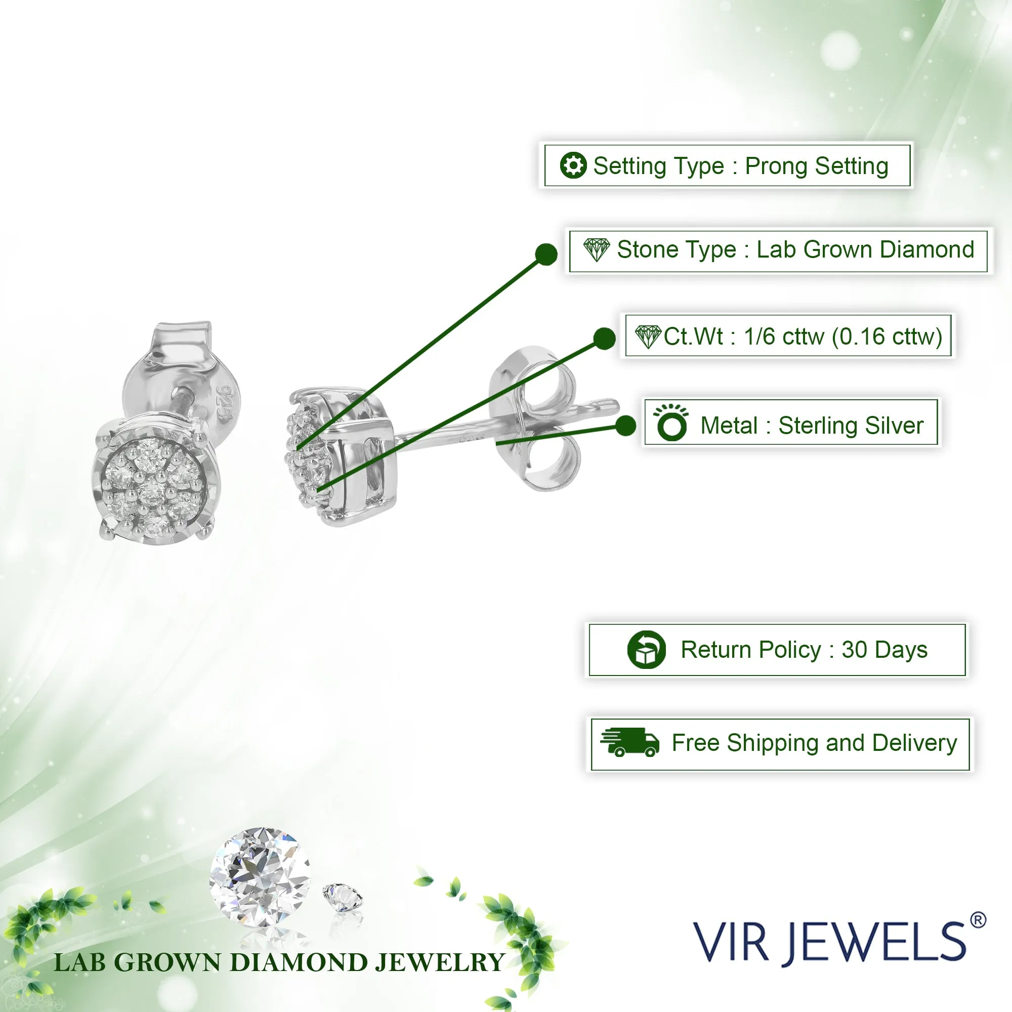 1/6 cttw Round Lab Grown Diamond Stud Earrings Prong Set On .925 Sterling Silver