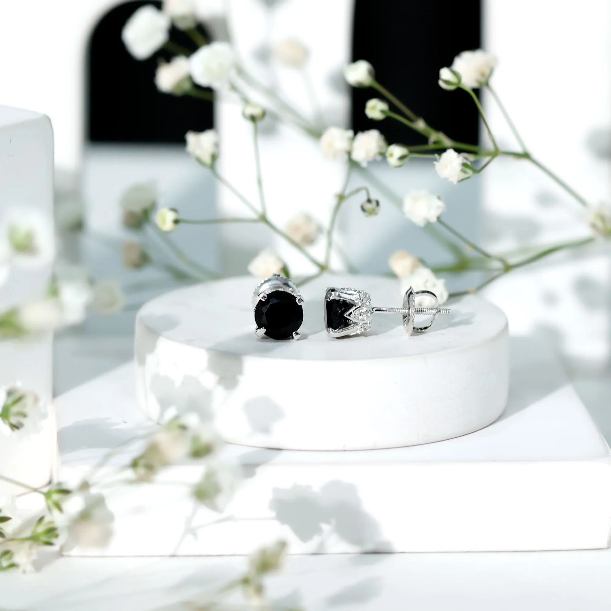 3 CT Round Created Black Diamond Solitaire Stud Earrings with Diamond