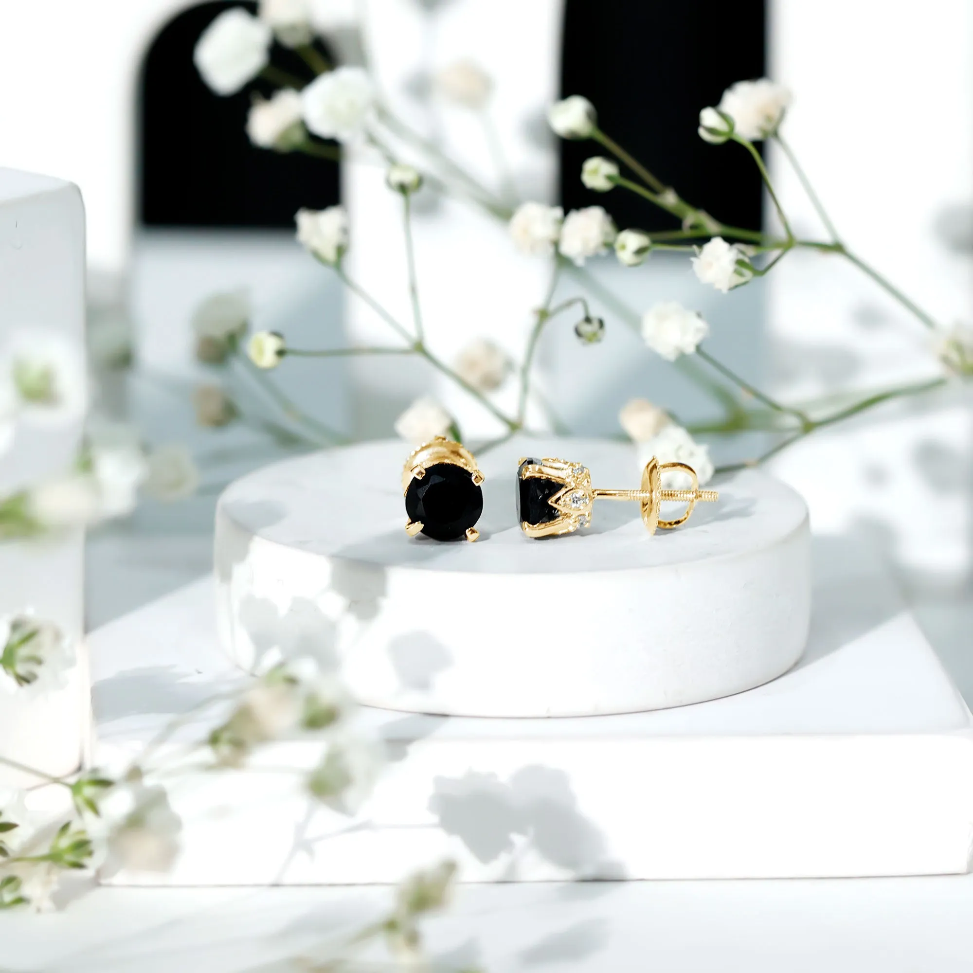 3 CT Round Created Black Diamond Solitaire Stud Earrings with Diamond