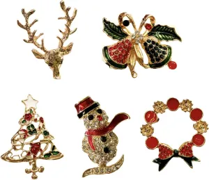 5 Pcs Christmas Brooch Pins Set for Women Rhinestone Crystal Christmas Brooch For Xmas Holiday Party Celebration Christmas Tree, Santa Claus, Jingle Bells, Reindeer (5 Pcs Christmas Brooch)