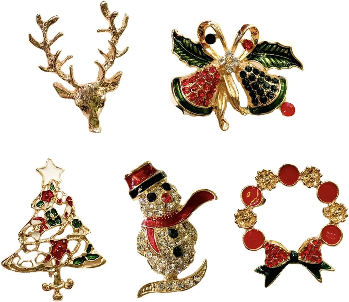 5 Pcs Christmas Brooch Pins Set for Women Rhinestone Crystal Christmas Brooch For Xmas Holiday Party Celebration Christmas Tree, Santa Claus, Jingle Bells, Reindeer (5 Pcs Christmas Brooch)