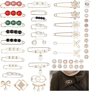 50Pcs Pearl Brooches and Pins, Pearl Brooch, Fashion Double Faux Pearl Brooch Pins for Women, Safety Pins Clip Sweater Shawl Waist Pants Extender for DIY Decoration and Design