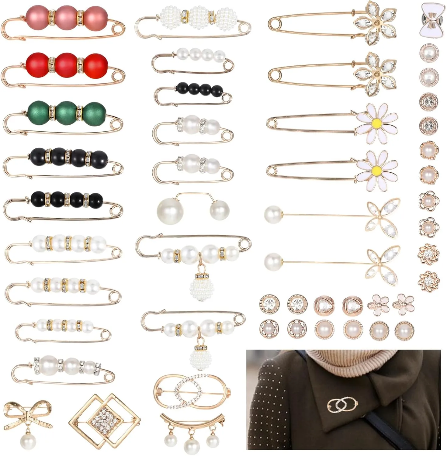 50Pcs Pearl Brooches and Pins, Pearl Brooch, Fashion Double Faux Pearl Brooch Pins for Women, Safety Pins Clip Sweater Shawl Waist Pants Extender for DIY Decoration and Design