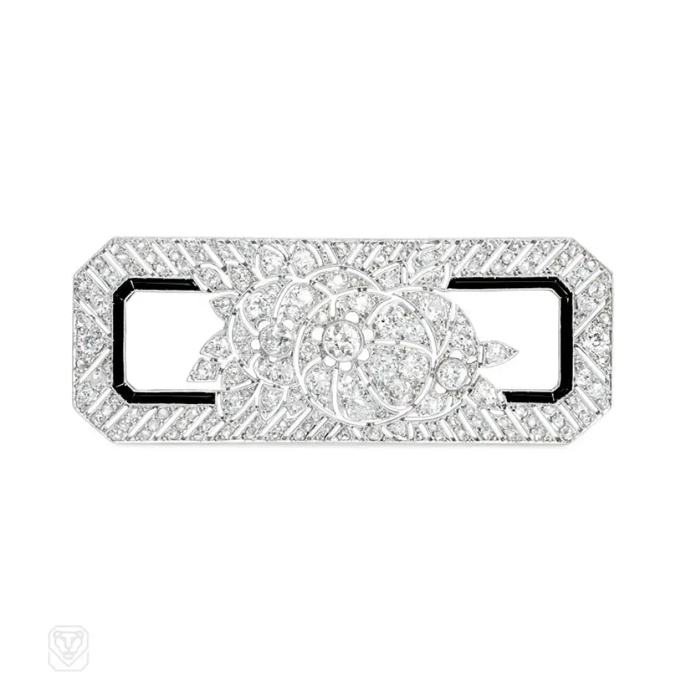 Art Deco diamond and onyx plaque brooch