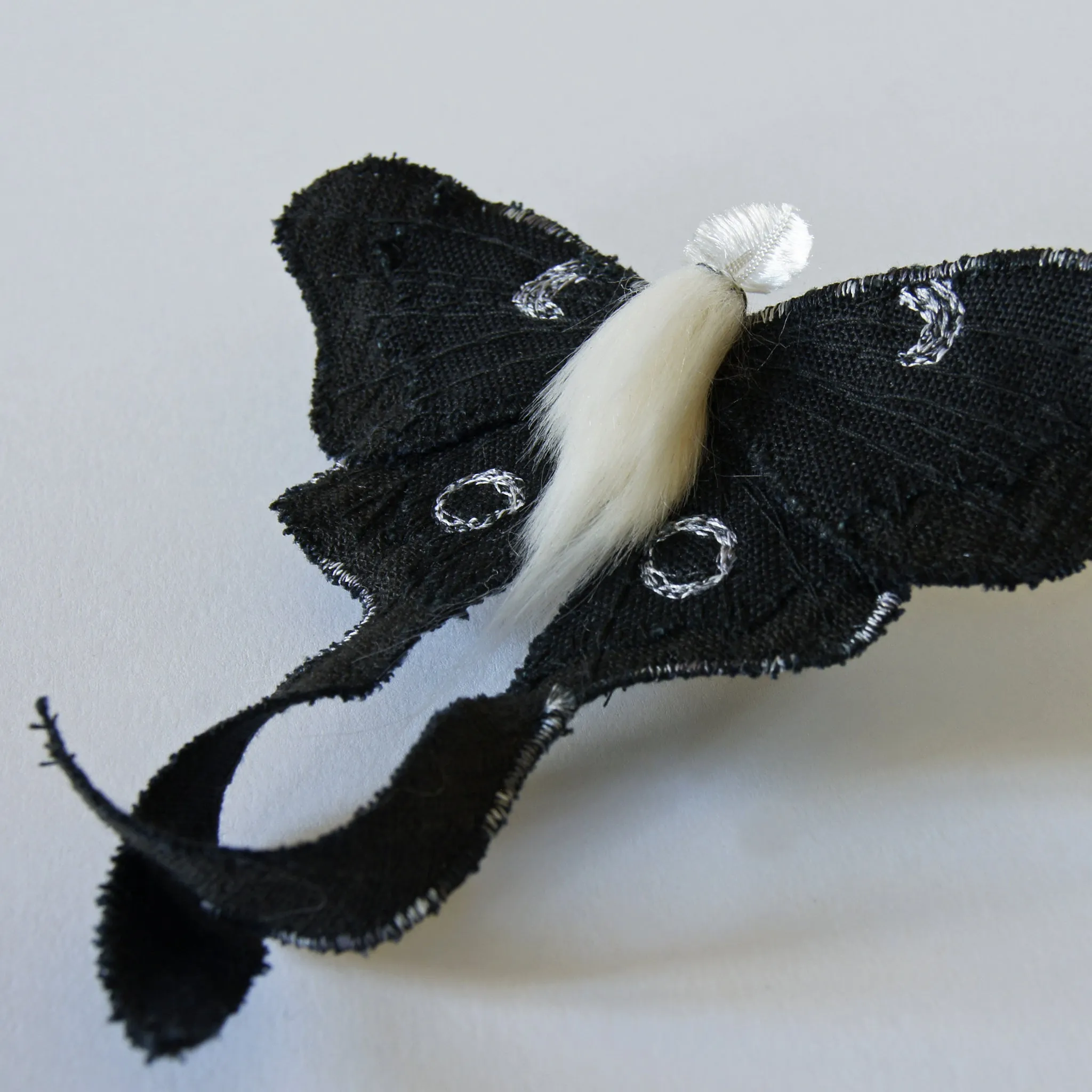 Black Luna Moth Fiber Art Brooch Collaboration with Nuit Clothing Atelier