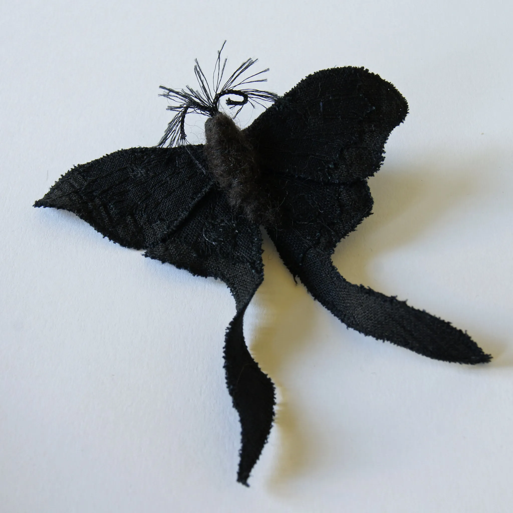 Black Luna Moth Fiber Art Brooch Collaboration with Nuit Clothing Atelier