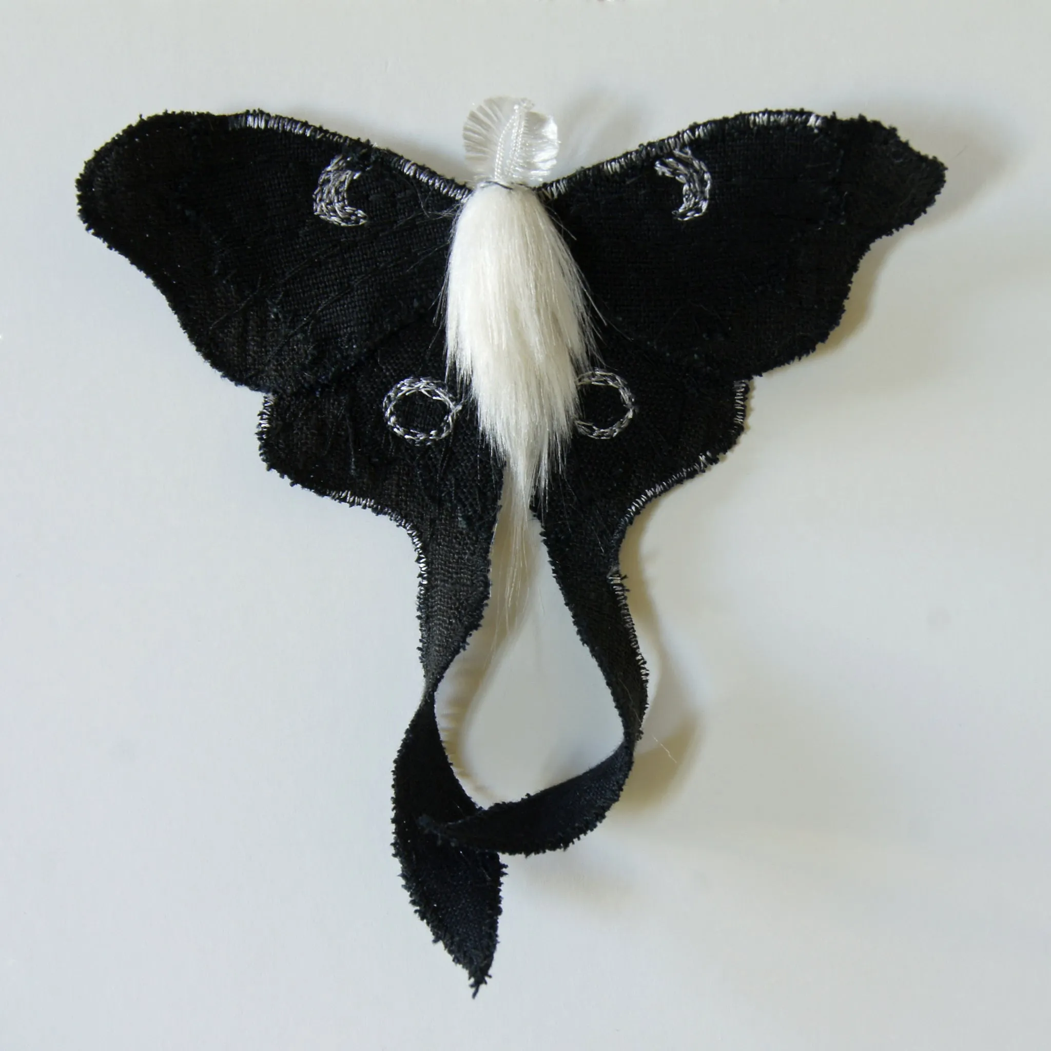 Black Luna Moth Fiber Art Brooch Collaboration with Nuit Clothing Atelier