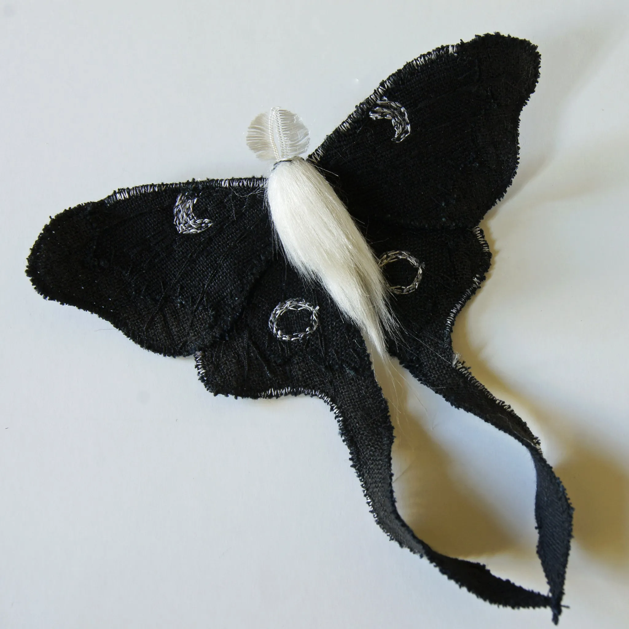 Black Luna Moth Fiber Art Brooch Collaboration with Nuit Clothing Atelier