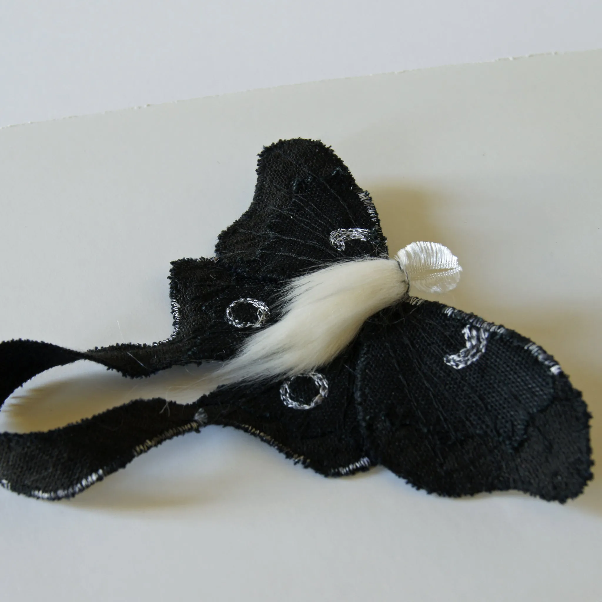 Black Luna Moth Fiber Art Brooch Collaboration with Nuit Clothing Atelier