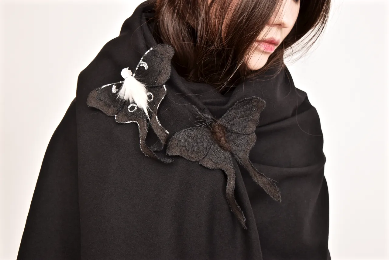 Black Luna Moth Fiber Art Brooch Collaboration with Nuit Clothing Atelier