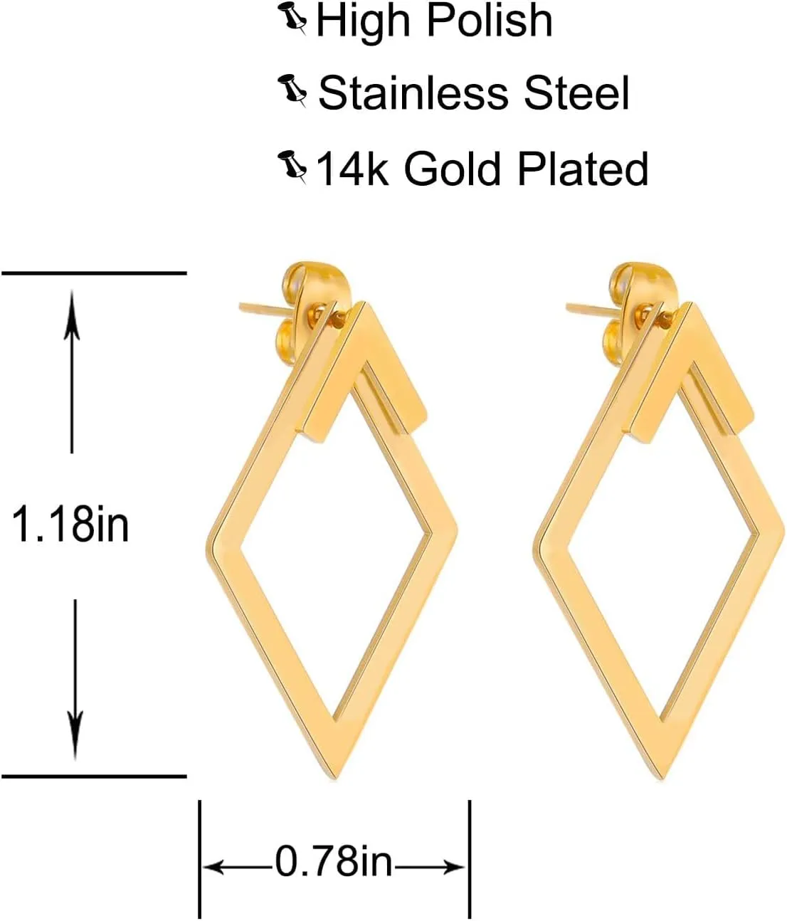 Boho Square Stud Earrings Jackets, Minimalist Geometric Stainless Steel Gold Ear Stud Earrings Front Back Earrings for Women