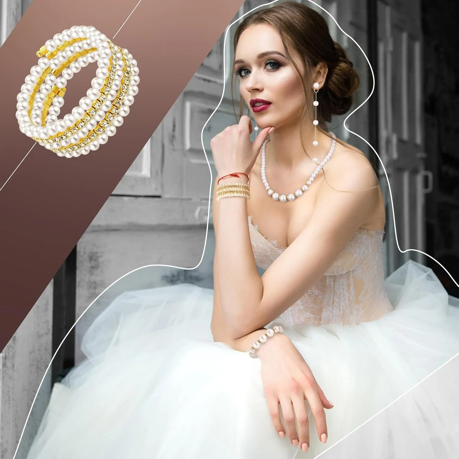Bonuci 8 Pcs Pearl Rhinestone Jewelry Set for Women Pearl Necklace Earrings Bracelet Set 1920s Jewelry Accessories for Valentines Wedding Tea Party