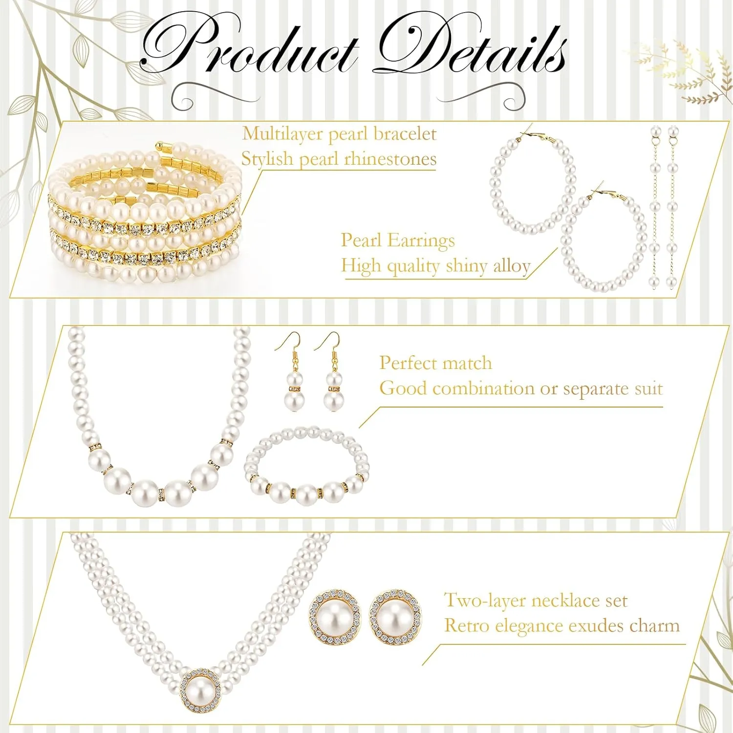 Bonuci 8 Pcs Pearl Rhinestone Jewelry Set for Women Pearl Necklace Earrings Bracelet Set 1920s Jewelry Accessories for Valentines Wedding Tea Party