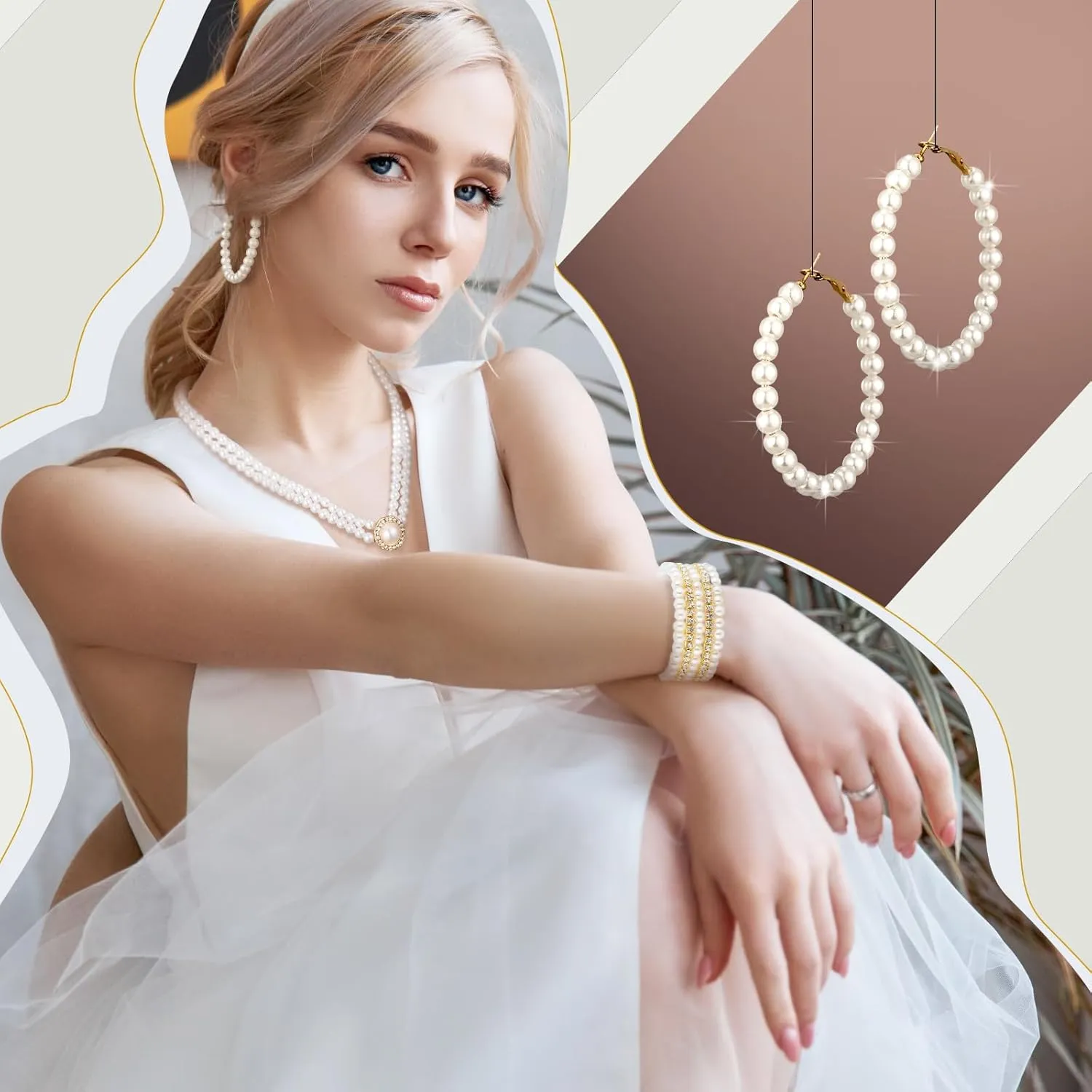 Bonuci 8 Pcs Pearl Rhinestone Jewelry Set for Women Pearl Necklace Earrings Bracelet Set 1920s Jewelry Accessories for Valentines Wedding Tea Party