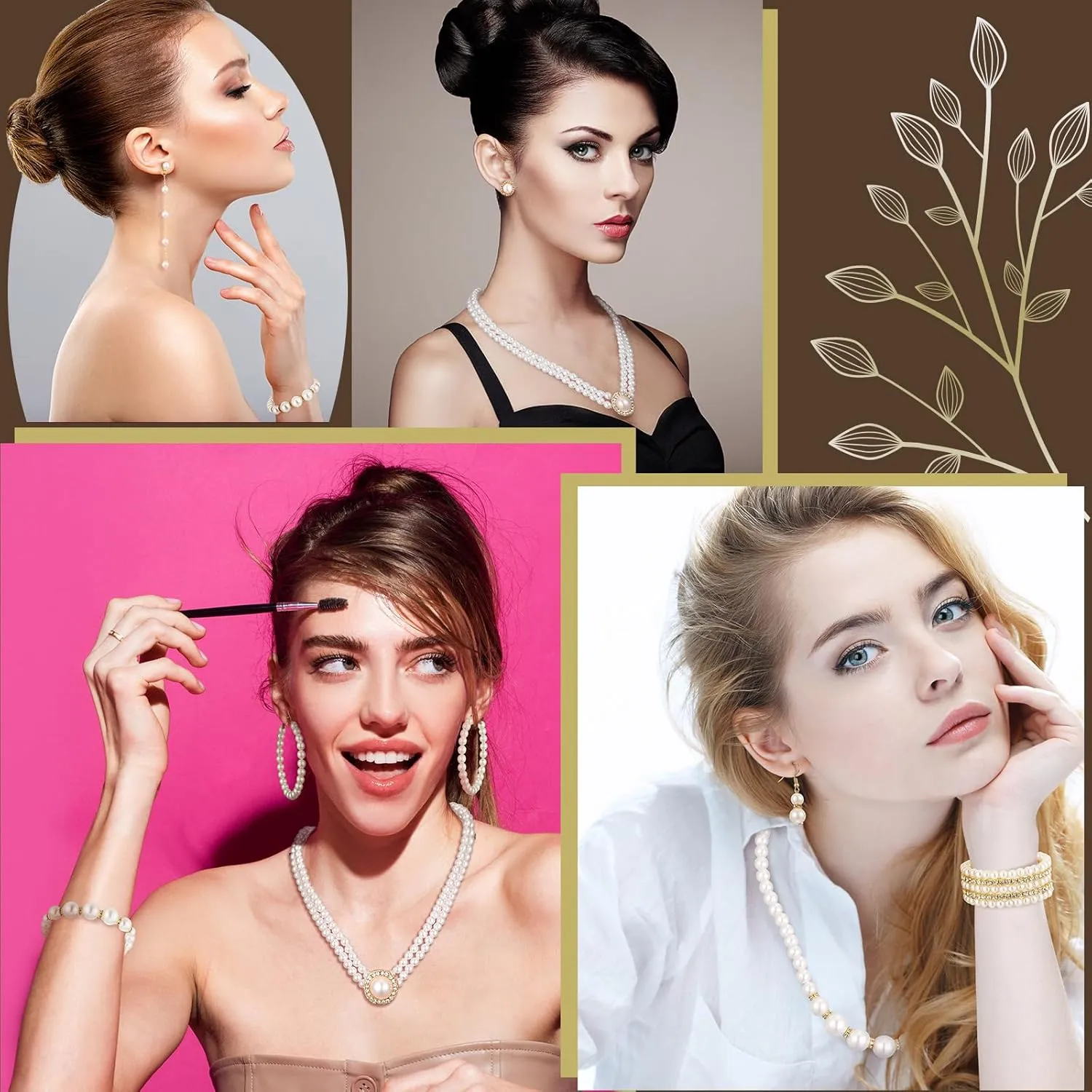 Bonuci 8 Pcs Pearl Rhinestone Jewelry Set for Women Pearl Necklace Earrings Bracelet Set 1920s Jewelry Accessories for Valentines Wedding Tea Party