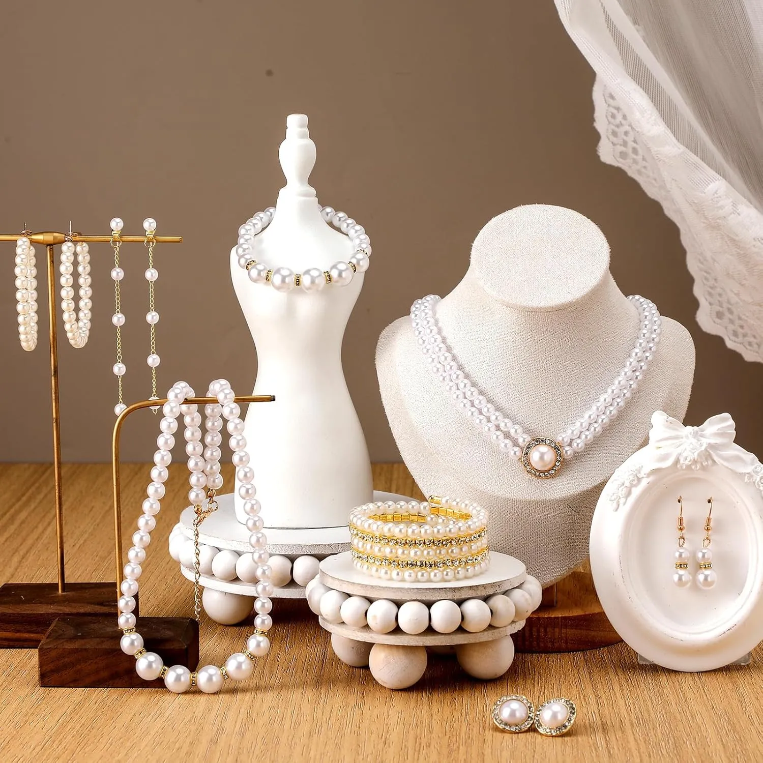 Bonuci 8 Pcs Pearl Rhinestone Jewelry Set for Women Pearl Necklace Earrings Bracelet Set 1920s Jewelry Accessories for Valentines Wedding Tea Party