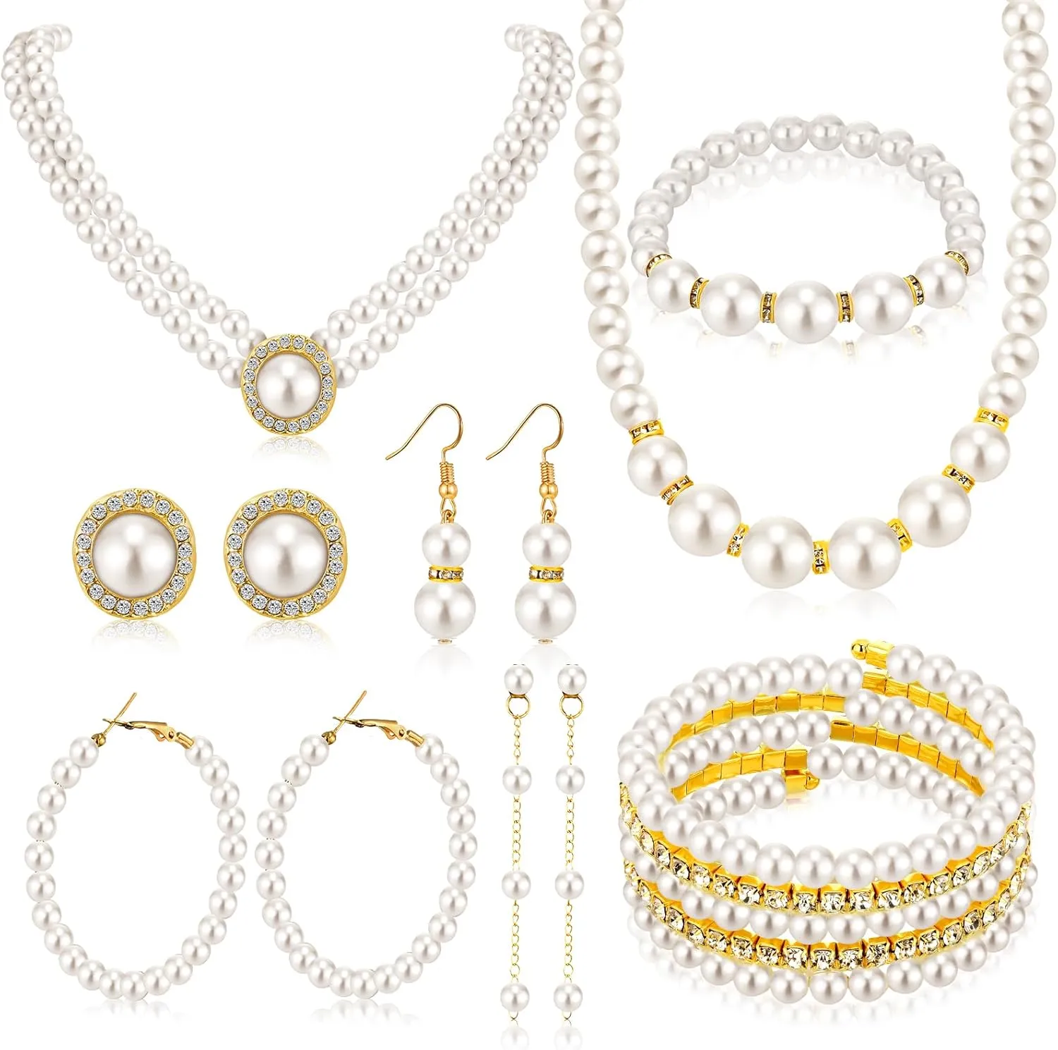 Bonuci 8 Pcs Pearl Rhinestone Jewelry Set for Women Pearl Necklace Earrings Bracelet Set 1920s Jewelry Accessories for Valentines Wedding Tea Party