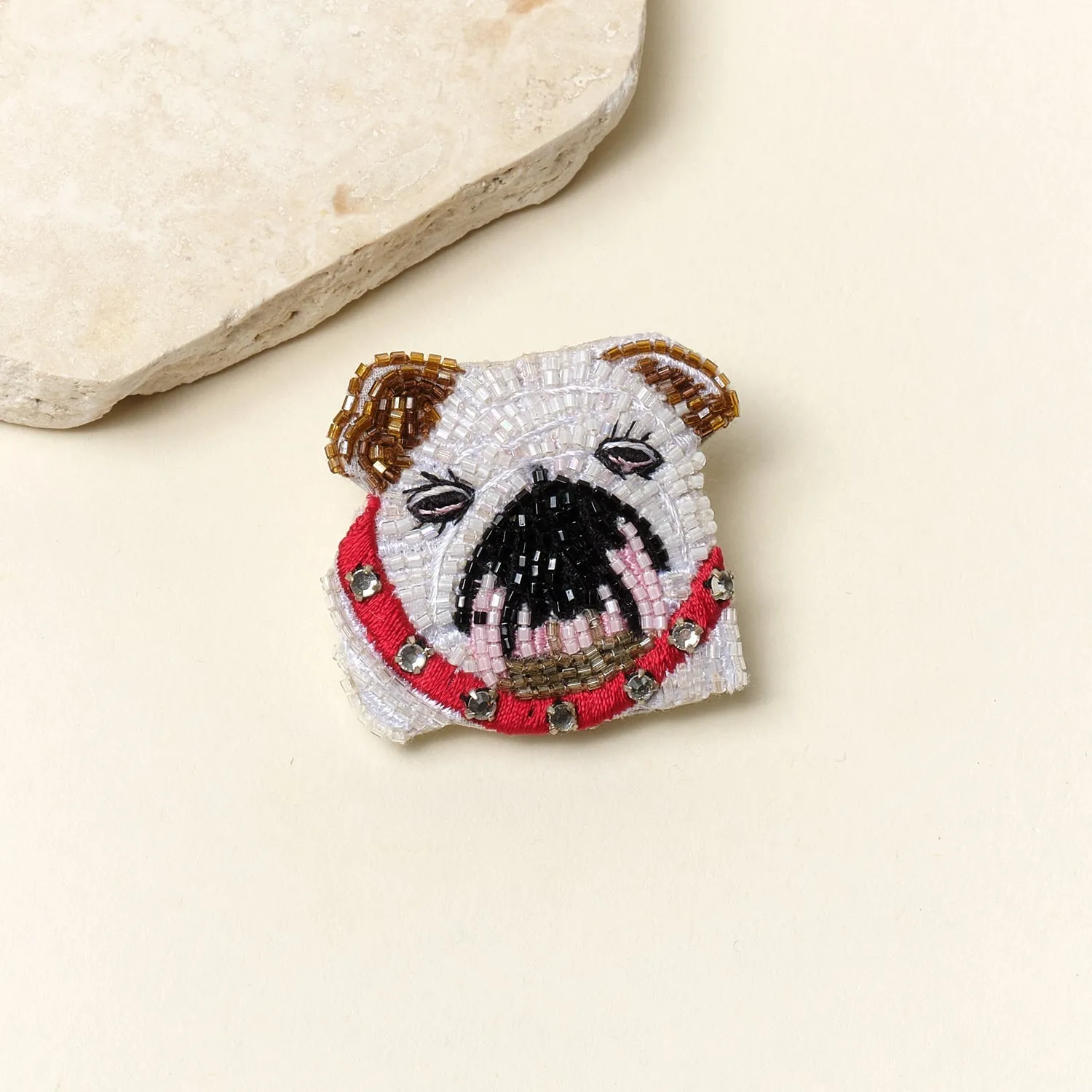 Bulldog Brooch White Brown by Mignonne Gavigan