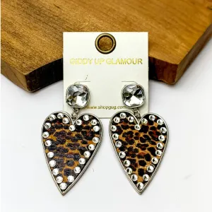 Cork Leopard Print Heart Earrings with an Clear Crystal Border