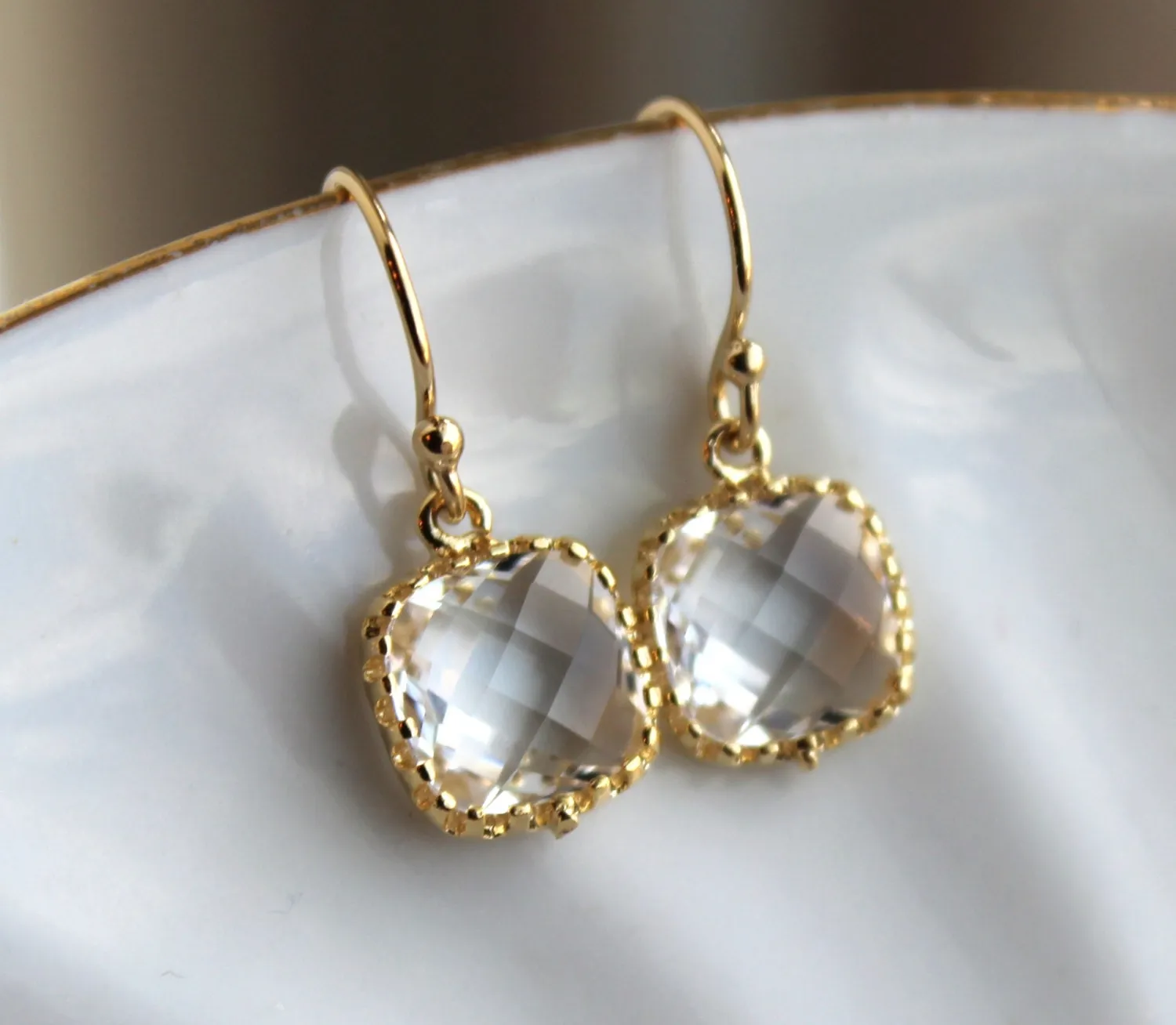 Dainty Small Gold Crystal Earrings - Crystal Clear Bridesmaid Earrings - Wedding Earrings - Gold Wedding Jewelry - Gold Bridal Earrings