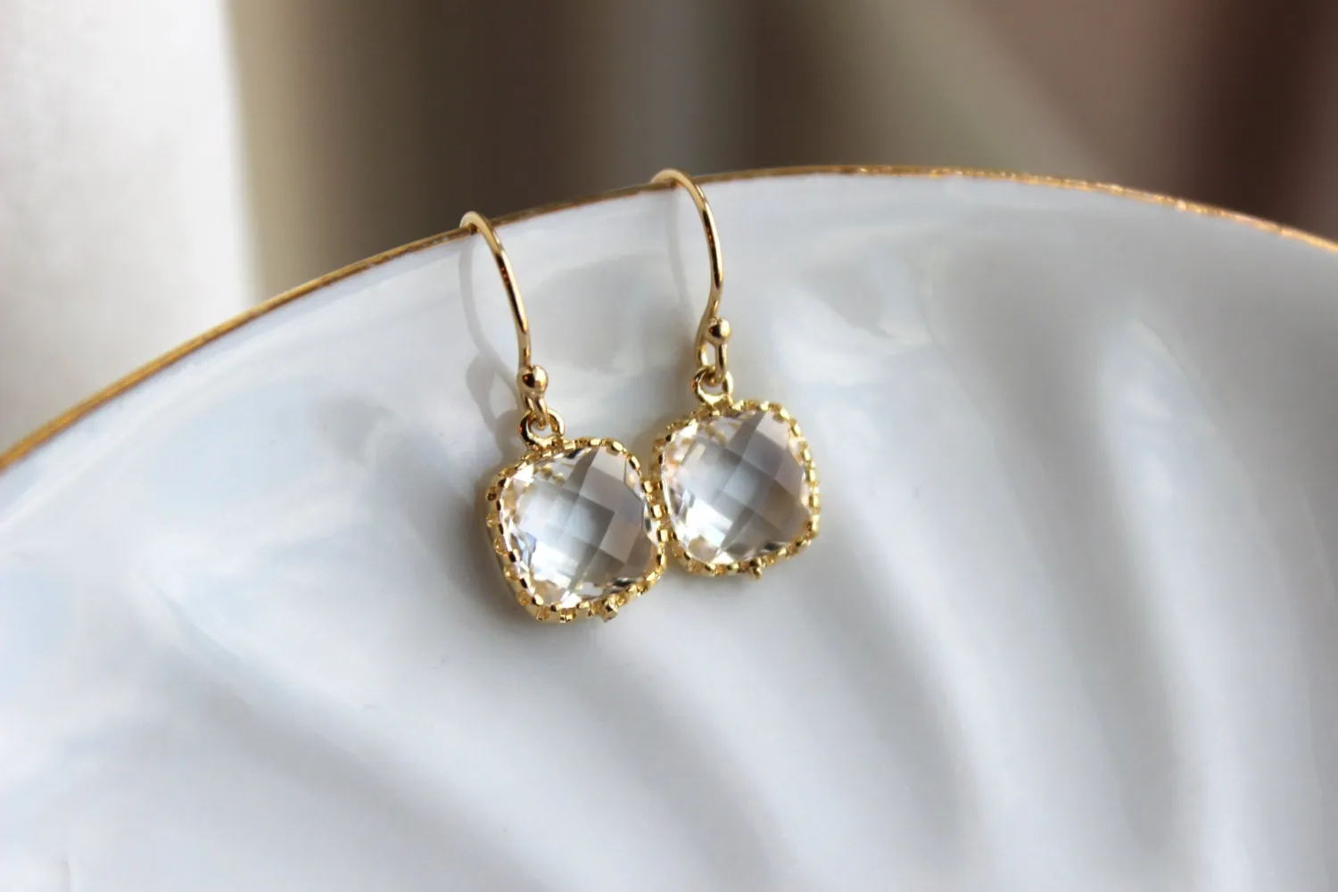 Dainty Small Gold Crystal Earrings - Crystal Clear Bridesmaid Earrings - Wedding Earrings - Gold Wedding Jewelry - Gold Bridal Earrings