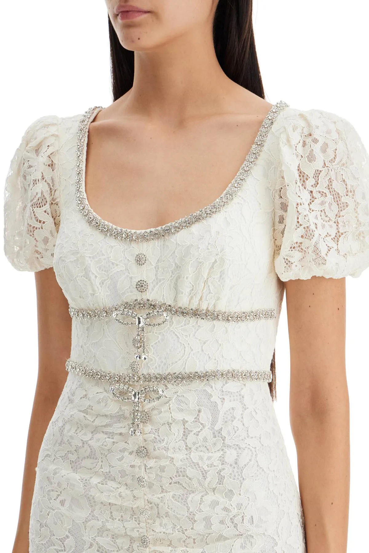 floral lace midi dress with crystal embell