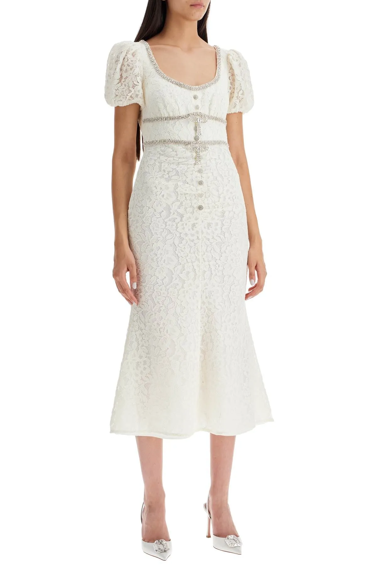 floral lace midi dress with crystal embell