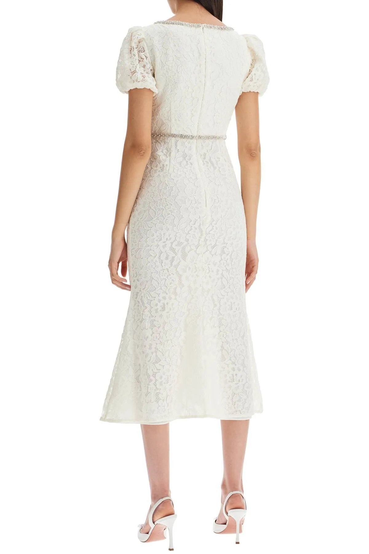 floral lace midi dress with crystal embell