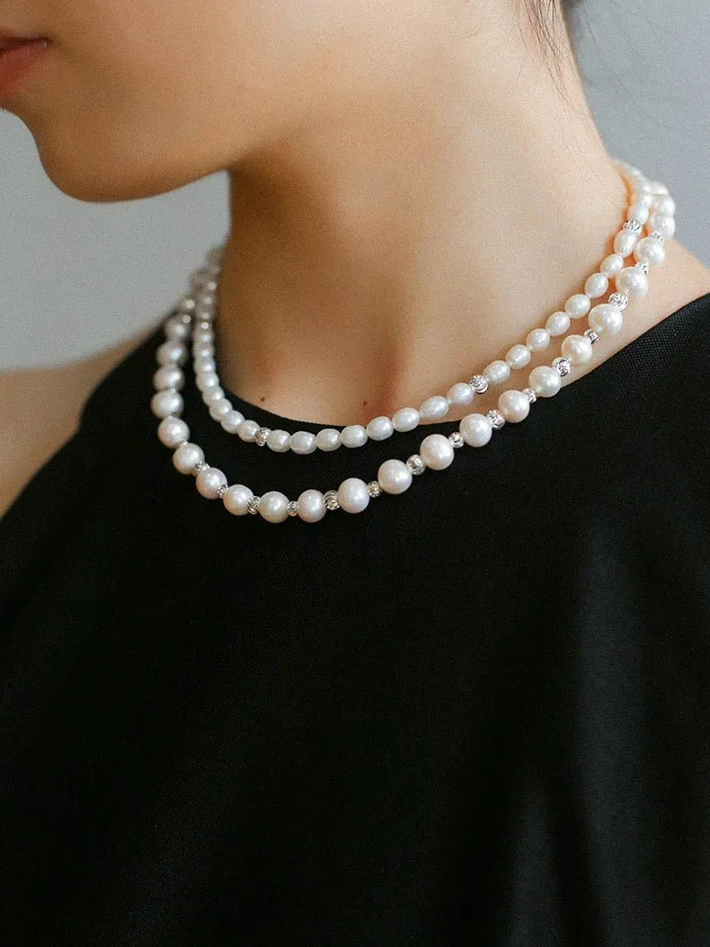 Freshwater Pearl Silver Bean Necklace-White Grey Pearl