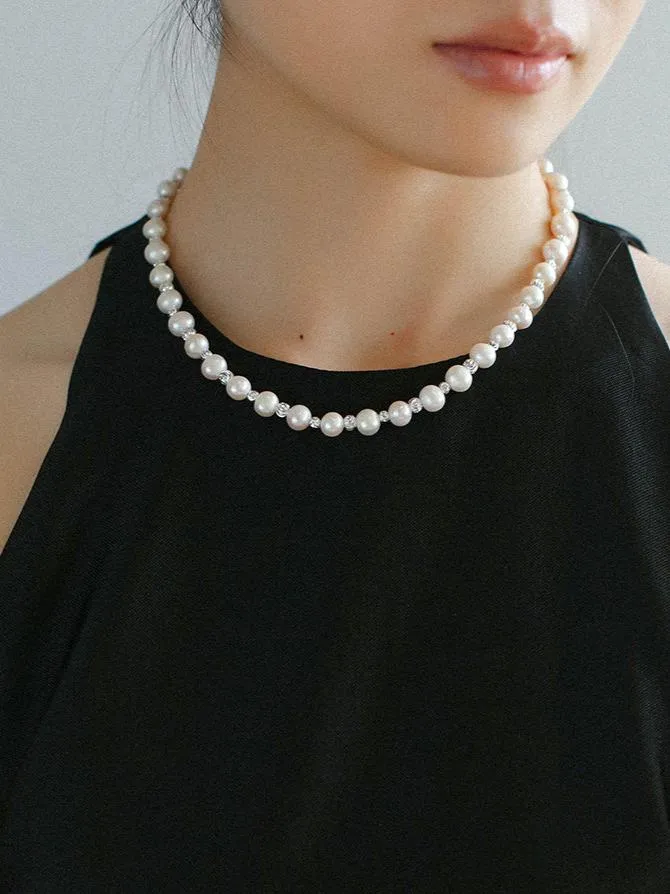 Freshwater Pearl Silver Bean Necklace-White Grey Pearl