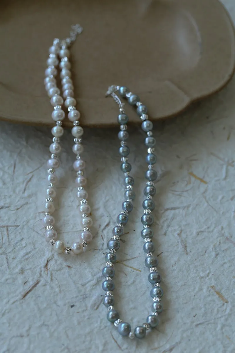 Freshwater Pearl Silver Bean Necklace-White Grey Pearl