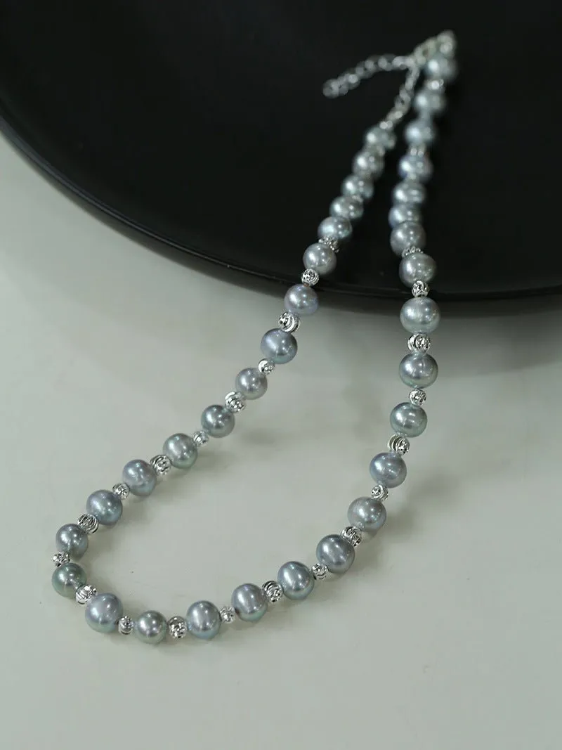 Freshwater Pearl Silver Bean Necklace-White Grey Pearl