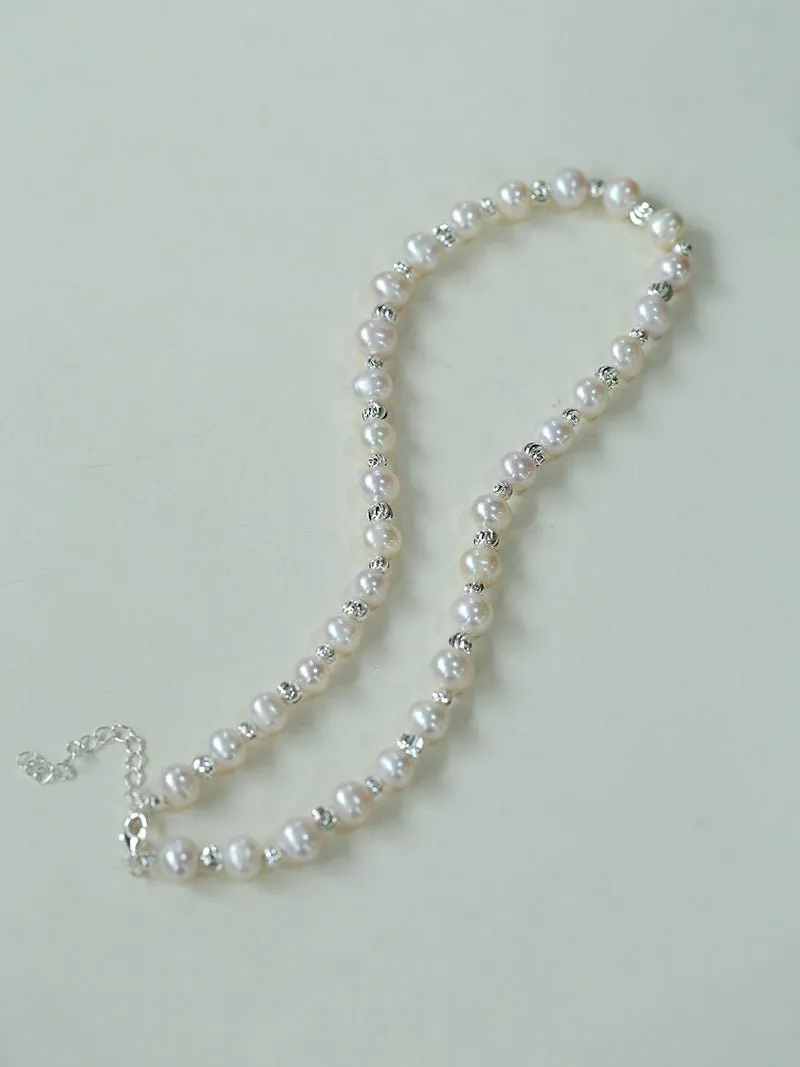Freshwater Pearl Silver Bean Necklace-White Grey Pearl