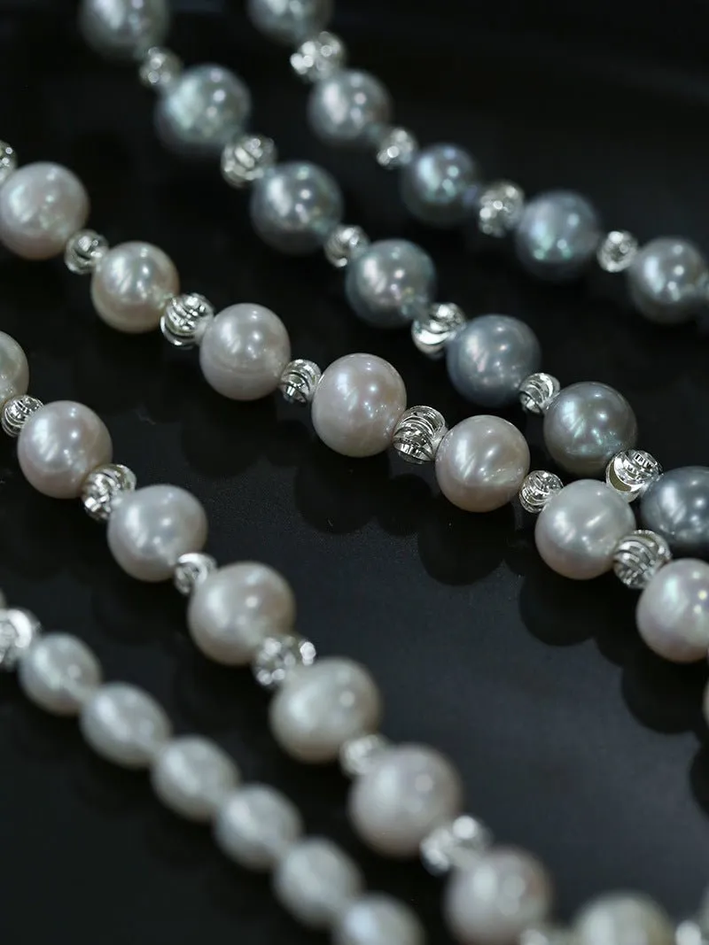 Freshwater Pearl Silver Bean Necklace-White Grey Pearl