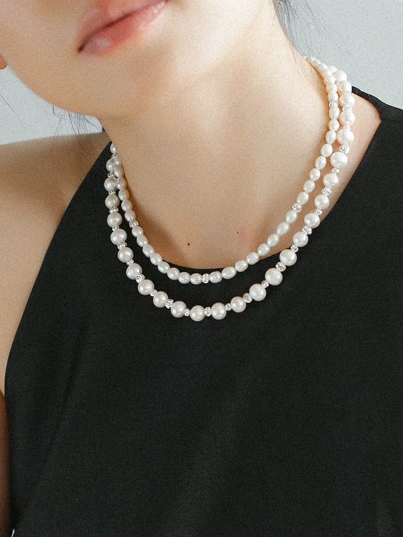 Freshwater Pearl Silver Bean Necklace-White Grey Pearl
