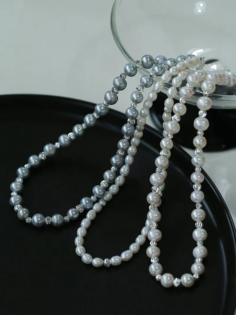 Freshwater Pearl Silver Bean Necklace-White Grey Pearl