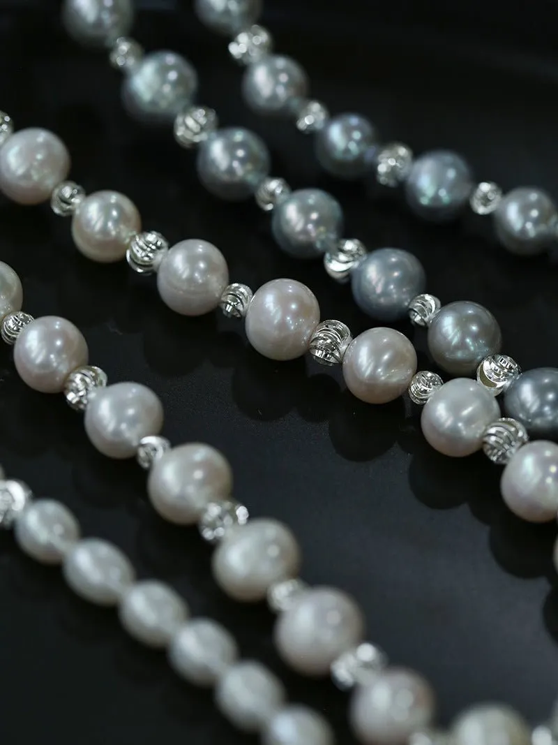 Freshwater Pearl Silver Bean Necklace-White Grey Pearl