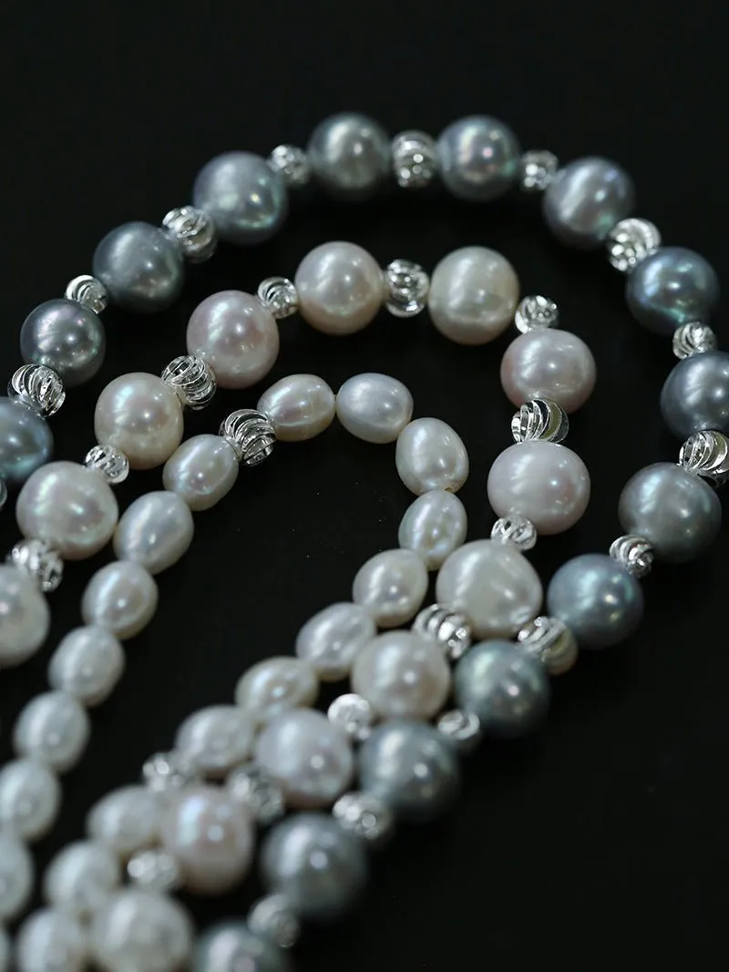 Freshwater Pearl Silver Bean Necklace-White Grey Pearl