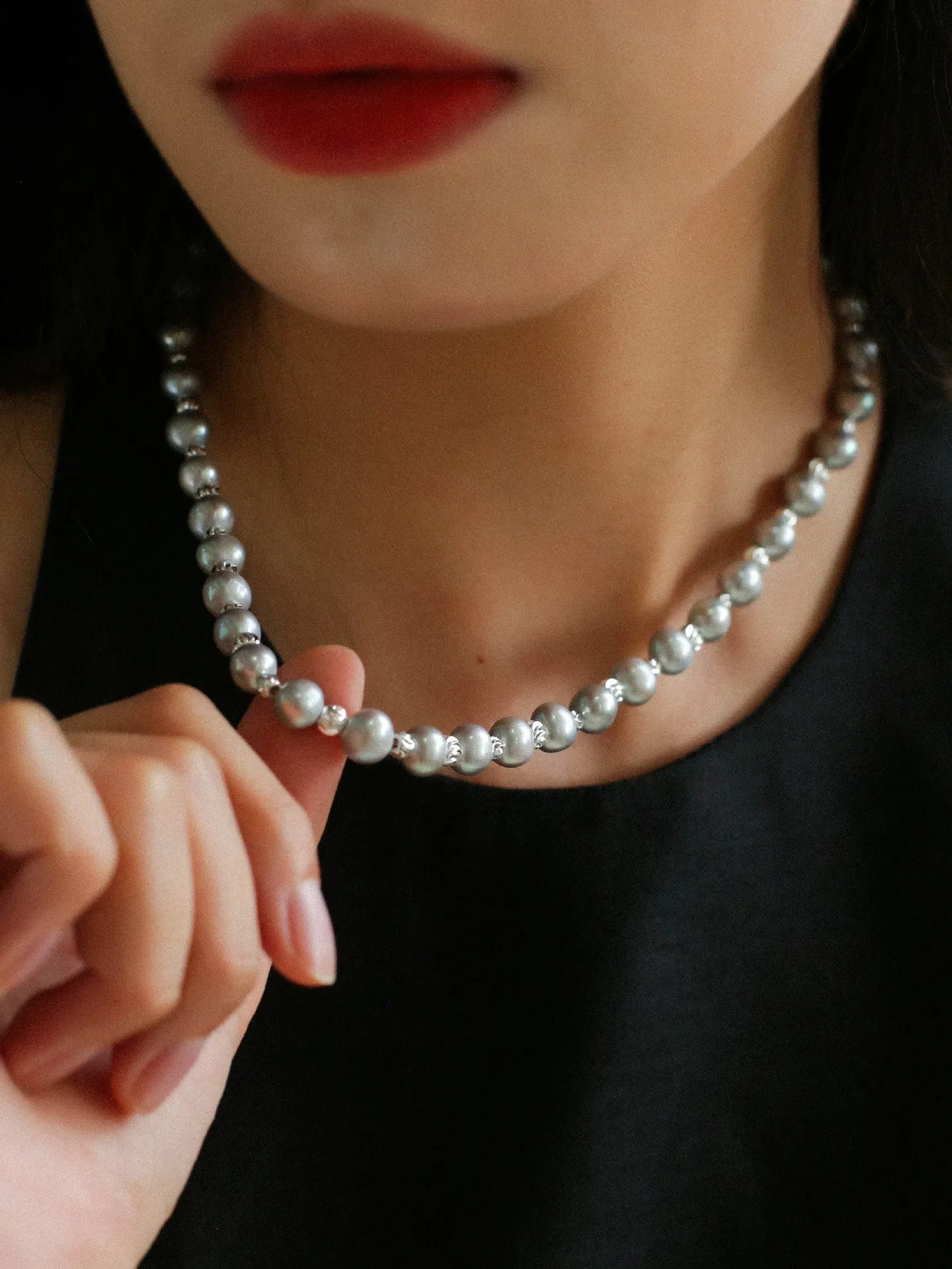 Freshwater Pearl Silver Bean Necklace-White Grey Pearl