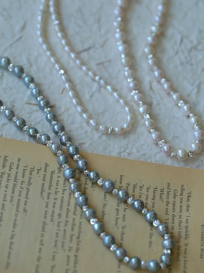 Freshwater Pearl Silver Bean Necklace-White Grey Pearl