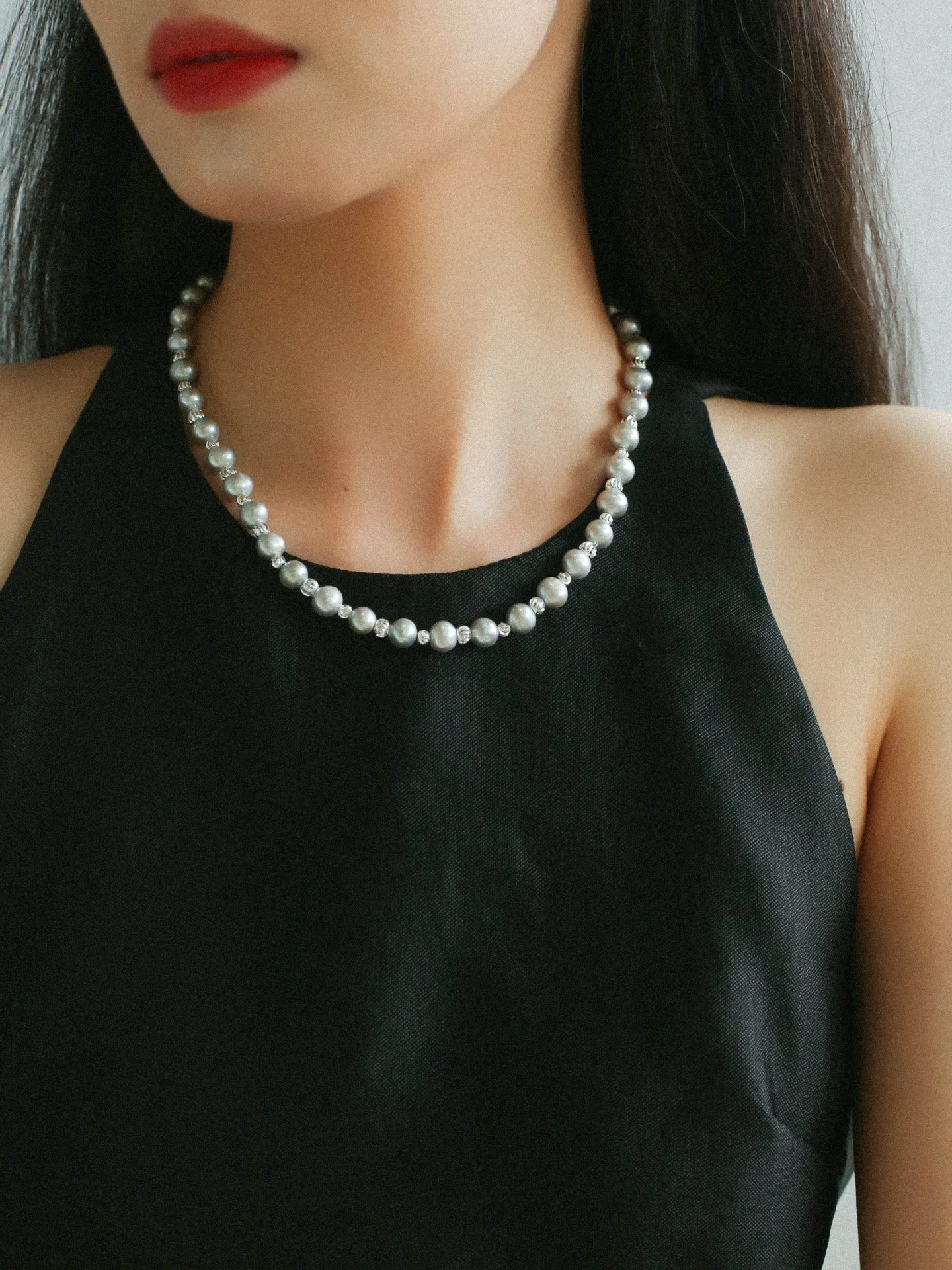 Freshwater Pearl Silver Bean Necklace-White Grey Pearl