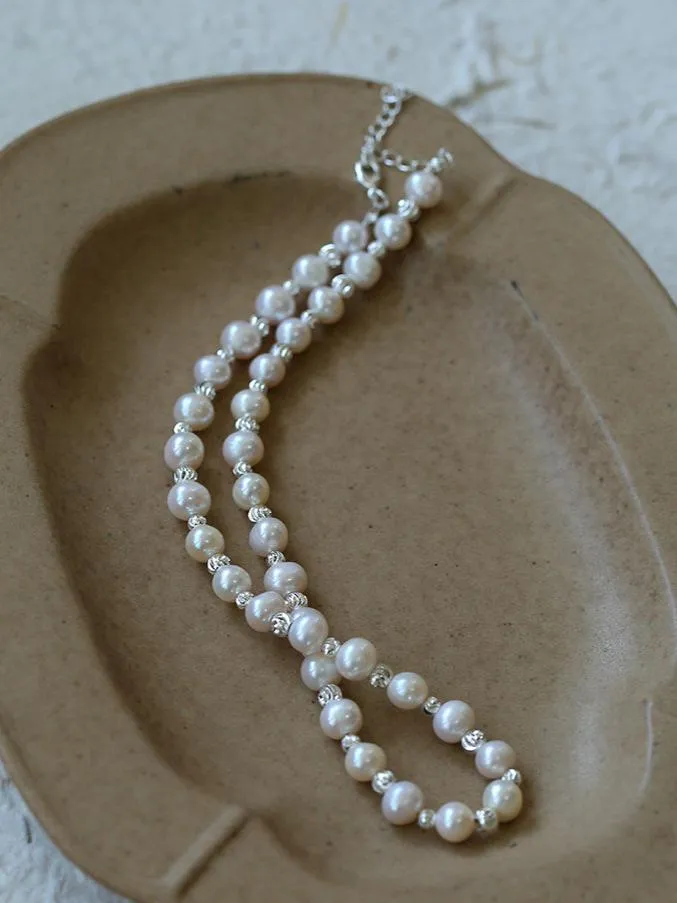 Freshwater Pearl Silver Bean Necklace-White Grey Pearl