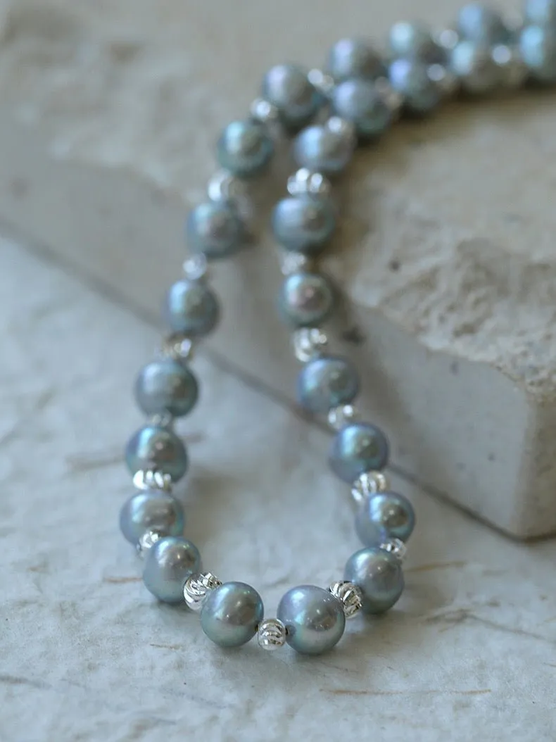 Freshwater Pearl Silver Bean Necklace-White Grey Pearl