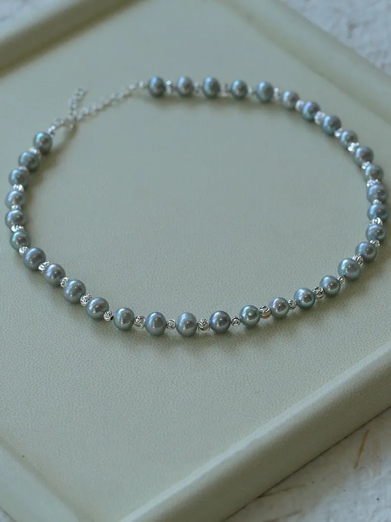 Freshwater Pearl Silver Bean Necklace-White Grey Pearl
