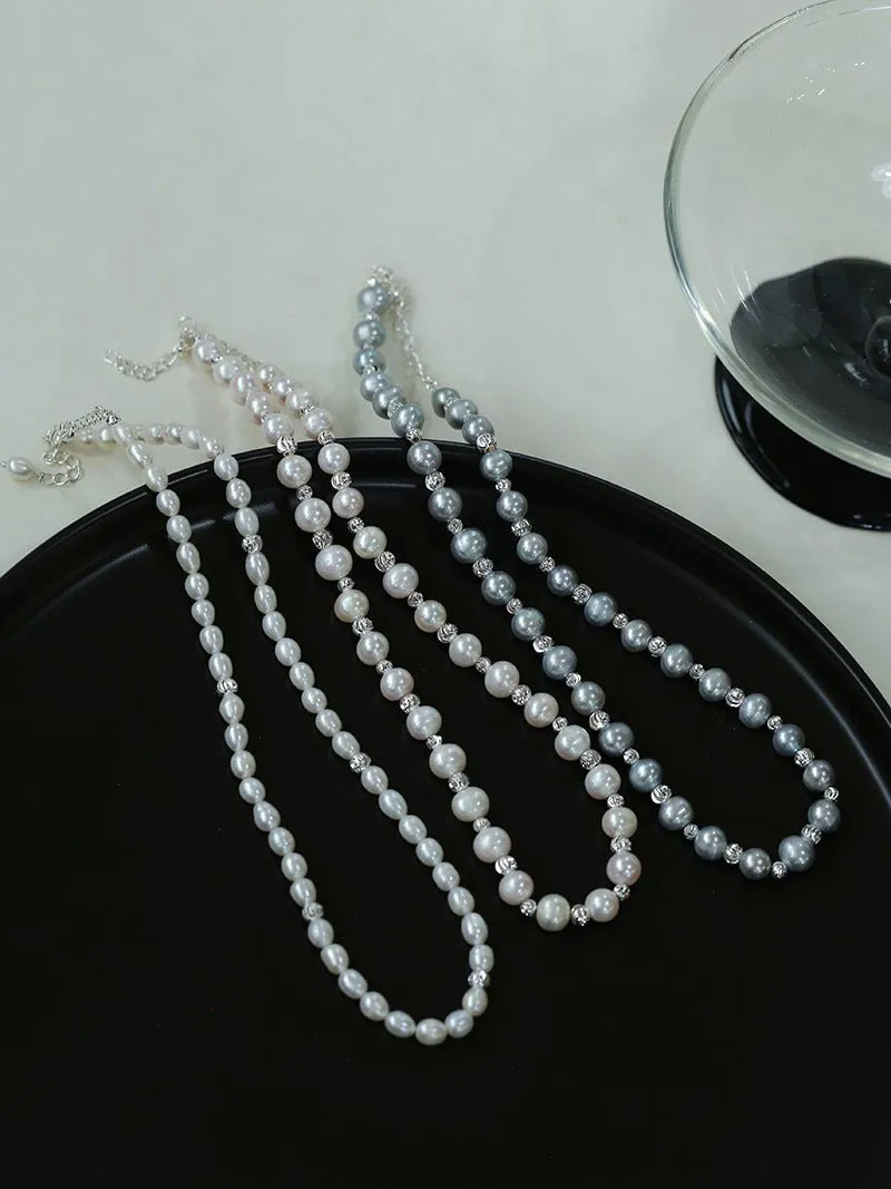 Freshwater Pearl Silver Bean Necklace-White Grey Pearl