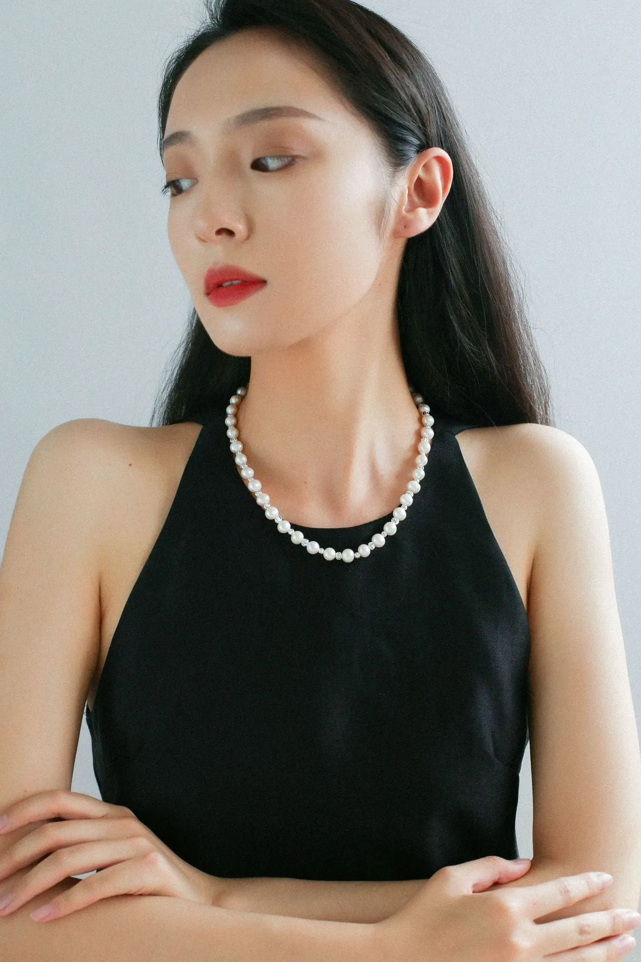 Freshwater Pearl Silver Bean Necklace-White Grey Pearl
